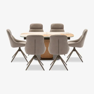 Furniture Village Arno Pop Up Extending Dining Table and 6 Faux Leather Swivel Chairs - 160-cm - Truffle