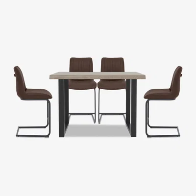 Furniture Village Bodahl - Compact Terra Raw Edge Table with U-Shaped Legs and 4 Cognac Terra Bar Stools - 140-cm - Vintage Grey