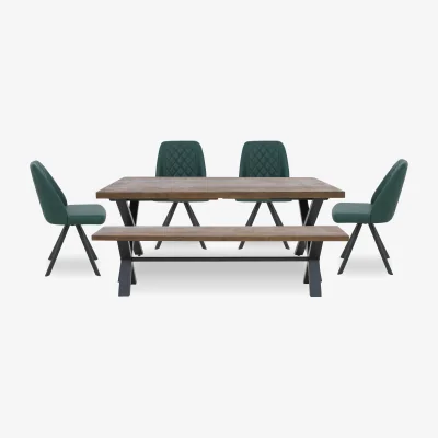 Furniture Village Jupiter Large Dining Table with X Shaped Legs, Bench and 4 Swivel Chairs - Green