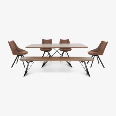 Furniture Village Lucio 200cm Dining Table with 200cm Bench and 4 Faux Leather Swivel Chairs - Brown