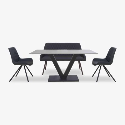 Furniture Village Ion Fixed Dining Table with 2 Faux Leather Chairs and High Back Bench - 160-cm