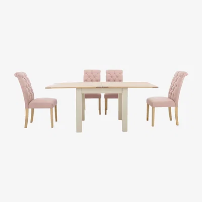 Furniture Village Furnitureland - Angeles Flip Top Extending Dining Table and 4 Button Back Dining Chairs - Pink