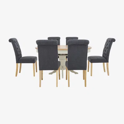 Furniture Village Furnitureland - Angeles Round Extending Dining Table and 6 Button Back Dining Chairs