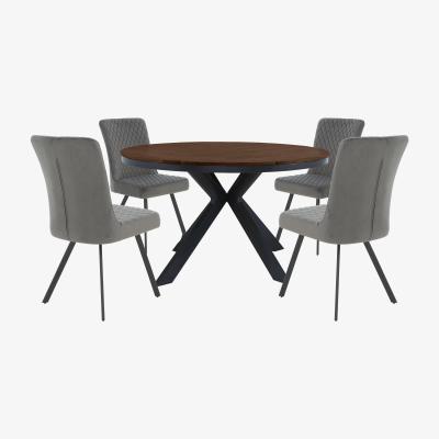 Furniture Village Mars Round Dining Table and 4 Velvet Dining Chairs - Brown