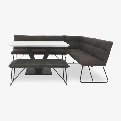 Furniture Village Ruben Dining Table with a Faux Suede Right Hand Facing Corner Bench and Standard Bench