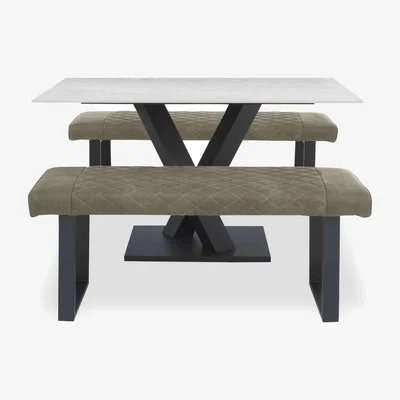Furniture Village Warrior Crystal White Compact Fixed Dining Table with 2 Standard Benches