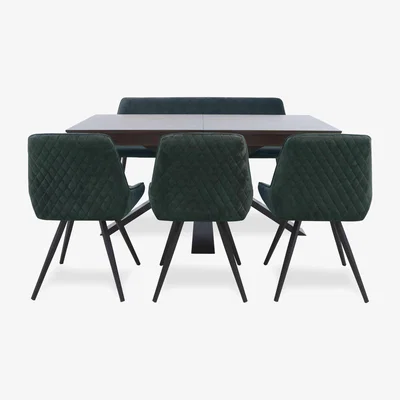 Furniture Village Saigon Extending Dining Table with Metal Base and 3 Green Velvet Chairs and a Bench