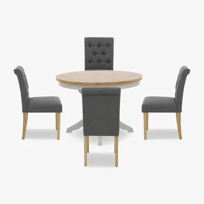 Furniture Village Lewis Round Pedestal Butterfly Extending Dining Table and 4 Button Back Chairs - Anthracite