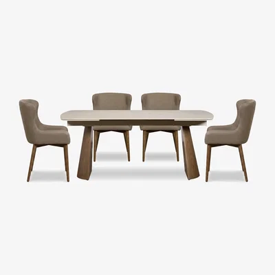 Furniture Village Sansa Rectangular Draw Leaf Extending Dining Table and 4 Faux Leather Chairs with Wooden Legs - Taupe - In Time for Christmas