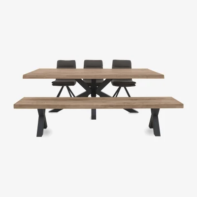 Furniture Village Bodahl - Njord Raw Edge Dining Table with Metal Star Base, Bench and 3 Anthracite Fabric Swivel Chairs - 220-cm