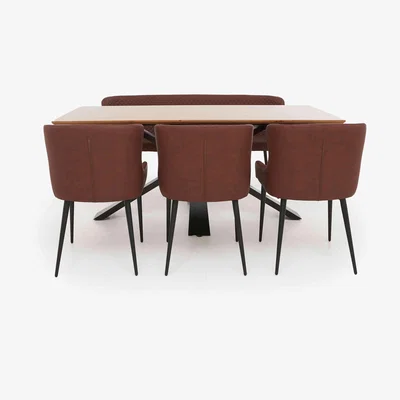 Furniture Village Hanoi Fixed Table with Metal Base and 3 Faux AN Leather Dining Chairs and a Dining Bench - Tan