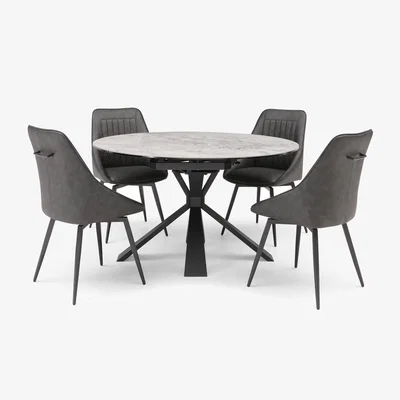 Furniture Village Crete Round Swivel Extending Dining Table and 4 Faux Leather Swivel Chairs
