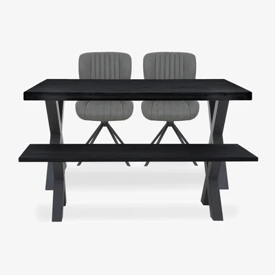 Furniture Village Bodahl - Compact Terra Straight Edge Dining Table with Bench and 2 Grey Swivel Chairs