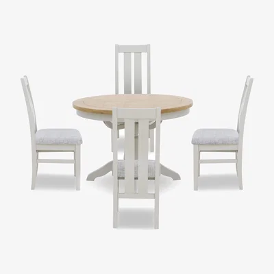 Furniture Village Lewis Round Pedestal Butterfly Extending Dining Table and 4 Wooden Slatted Back Chairs