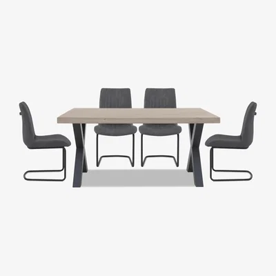 Furniture Village Bodahl - Compact Terra Straight Edge Dining Table with X-Shaped Legs and 4 Grey Chairs - White Wash