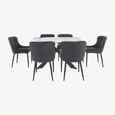 Furniture Village Kos Dining Table with 6 Velvet Dining Chairs Dining Set - Grey