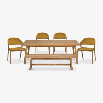 Furniture Village Stratford Large Extending Dining Table with Small Bench and 4 Fabric Chairs - Mustard Velvet