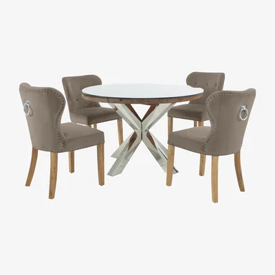Furniture Village Chennai Round Table and 4 Upholstered Chairs Dining Set - Brown