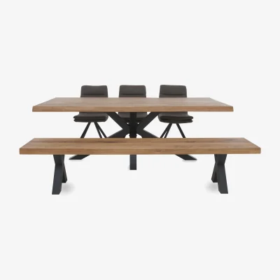 Furniture Village Bodahl - Njord Raw Edge Dining Table with Metal Star Base, Bench and 3 Anthracite Fabric Swivel Chairs - 240-cm - Old Bassano