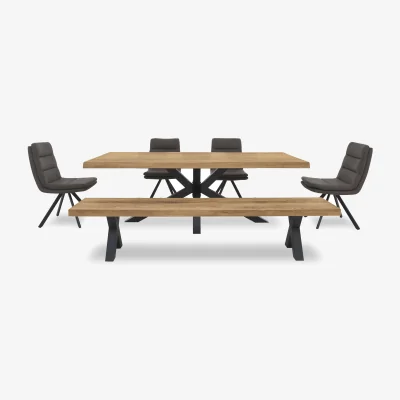 Furniture Village Bodahl - Njord Raw Edge Dining Table with Metal Star Base, Bench and 4 Anthracite Fabric Swivel Chairs - 220-cm