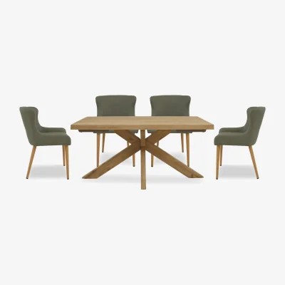 Furniture Village Riga Dining Table with Wooden Star Base and 4 Upholstered Chairs - 140-cm - Green