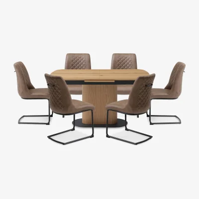 Furniture Village Jayden Pop Up Extending Dining Table and 6 Faux Leather Cantilever Chairs - 140-cm - Light Brown