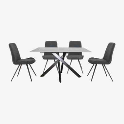 Furniture Village Samurai Compact Dining Table with White Stone Top and 4 Dark Grey Faux Leather Dining Chairs