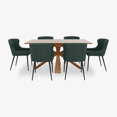 Furniture Village Hanoi Extending Table with Wooden Base and 6 Faux Leather Dining Chairs