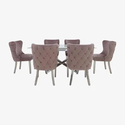 Furniture Village Marvel Chrome Small Extending Dining Table and 6 Button Back Dining Chairs