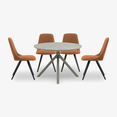 Furniture Village Matera Round Dining Table with Star Base and 4 Fabric Chairs with Black Legs