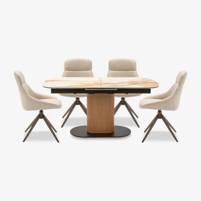 Furniture Village Arno Pop Up Extending Dining Table and 4 Faux TO Leather Swivel Chairs - 160-cm - Stone