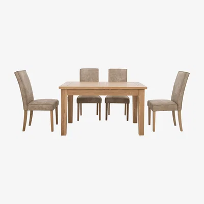 Furniture Village Furnitureland - California Rectangular Solid Oak Extending Dining Table and 4 Faux Suede Chairs - Beige