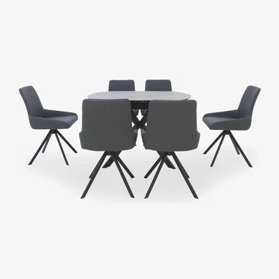 Furniture Village Matteo Swivel Dining Table with 6 Faux Leather Chairs