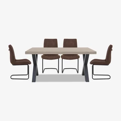 Furniture Village Bodahl - Compact Terra Straight Edge Dining Table with X-Shaped Legs and 4 Cognac Chairs - White Wash