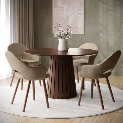 Furniture123 Round Walnut Dining Table Set with 4 Beige Faux Leather Dining Chairs - Seats 4 - Owen