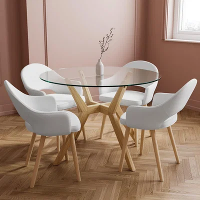 Furniture123 Round Glass Table with Solid Oak legs & 4 Cream Recycled Fabric Dining Chairs - Nori