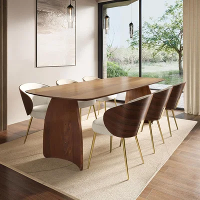 Furniture123 Walnut Curved Leg Dining Table Set with 6 Beige Upholstered Chairs - Seats 6 - Leona