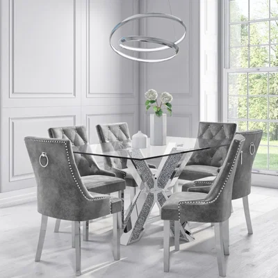 Furniture123 Glass & Mirrored Dining Set with 6 Grey Velvet Chairs - Jade Boutique