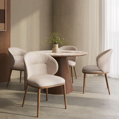 Furniture123 Round Walnut and Marble Effect Dining Table Set with 4 Beige Real Leather Chairs - Seats 4 - Malia