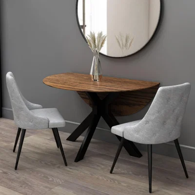 Furniture123 Walnut Round Drop Leaf Dining Table with 2 Grey Fabric Dining Chairs - Carson