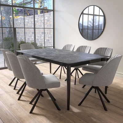 Furniture123 Extendable Black Marble Ceramic Dining Table With 8 Grey Fabric Swivel Dining Chairs - Camilla