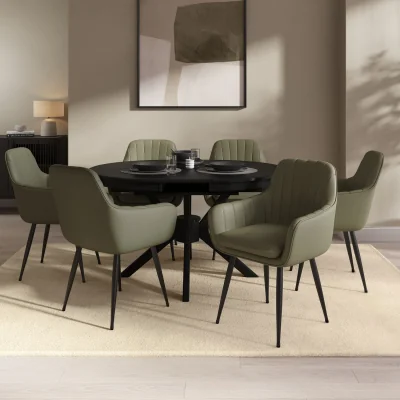 Furniture123 Round to Oval Black Extendable Dining Table Set with 6 Sage Green Faux Leather Chairs - Seats 6 - Karie