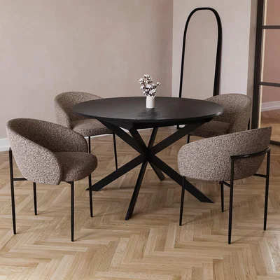 Furniture123 Black Wooden Round to Oval Black Extendable Dining Table Set with 4 Mink Boucle Dining chairs - Reine
