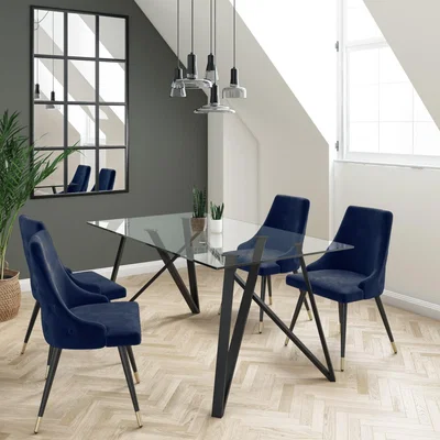Furniture123 Glass Dining Table with 4 Navy Blue Velvet Button Back Dining Chairs - Dax