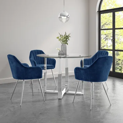 Furniture123 Round Glass Dining Table with 4 Navy Velvet Tub Dining Chairs - Alana Boutique