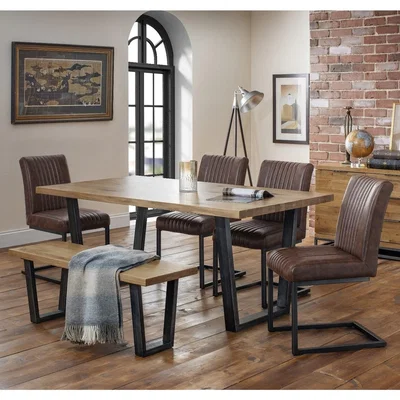 Furniture123 Julian Bowen Industrial Oak Bench Dining Set with 4 Brown Leather Chairs - Brooklyn