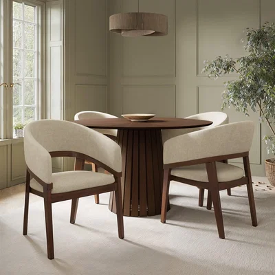 Furniture123 Round Walnut Dining Table Set with 4 Dark Wood Cut Out Curved Dining Chairs - Owen