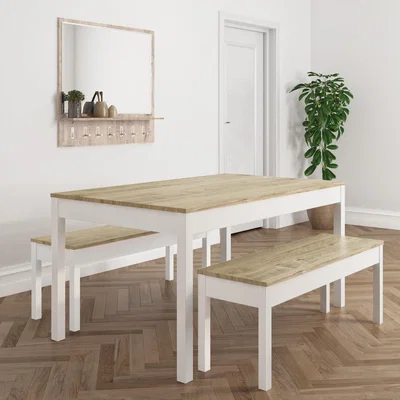 Furniture123 Pine & White Dining Table with 2 Matching Benches - Emerson