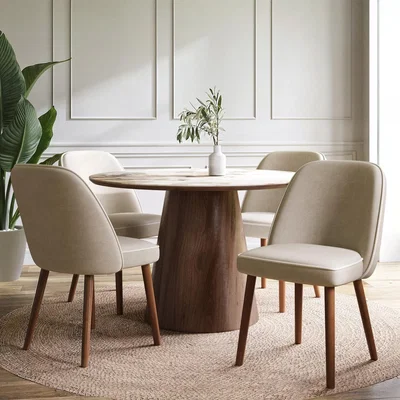 Furniture123 Neutral Ceramic Round Walnut Dining Table Set with 4 Taupe Upholstered Chairs - Seats 4 - Malia