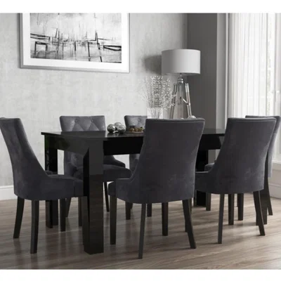 Furniture123 Extendable Dining Table in Black High Gloss with 6 Grey Velvet Chairs - Vivienne & Kaylee